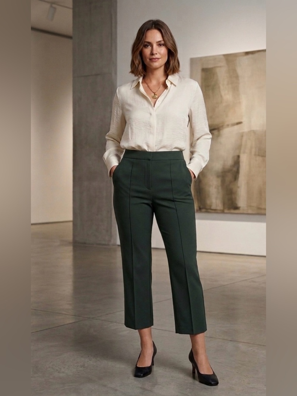 MNG Mango Dark Green Cropped Trousers - Front Seam Minimalist Pants - Size 8